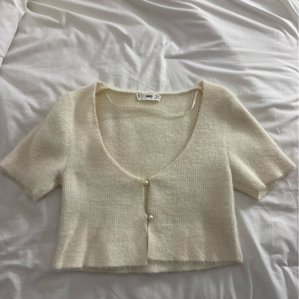 Mango Off-the-Shoulder Cream Knit Sweater with Back Buttons